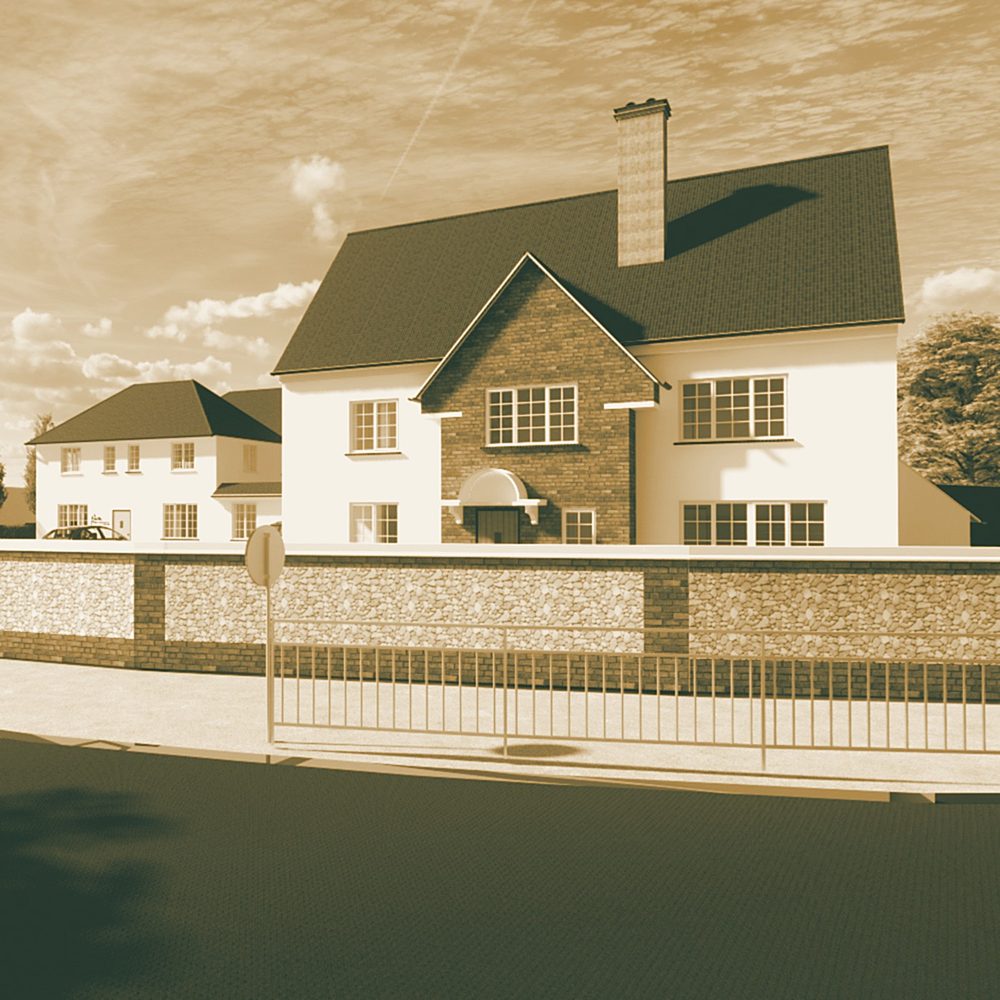 An illustrated view of Bolters Corner Nursing Home at first light